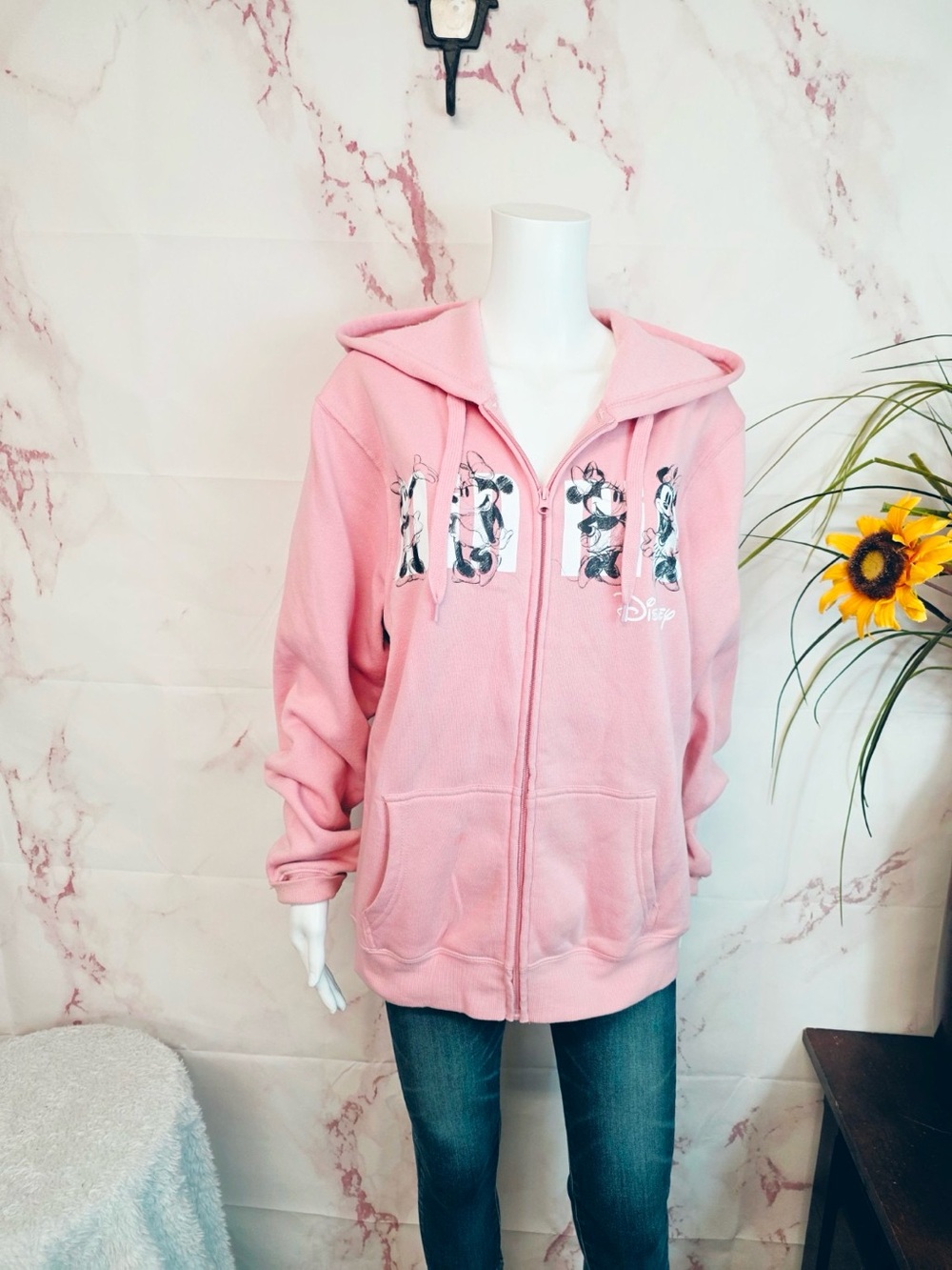 Disney Minnie Mouse Pink Full Zip Hoodie Sweatshirt Size 12/14 Large